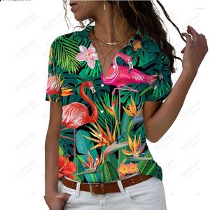 Kadın Bluzları 2023 İlkbahar ve Sonbahar Flamingo Hawaii Kısa Kollu Gömlek 3D Dijital Baskı Yakel Düğmesi Günlük Top