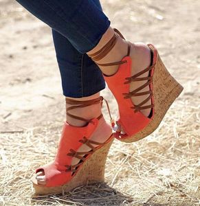 Klänningskor stor storlek 13 Kvinnor Peep Toe Kil Sandaler Cut-out High Platform Ankle Warp Summer Blue Orange Lace-Up