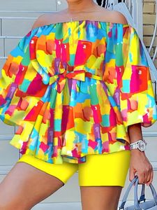 Women's Tracksuits 2023 Fashion Print Slash Neck Off Shoulder 3/4 Sleeve Top Shorts Summer Casual African Women Outfits Elastic 2 Piece Sets