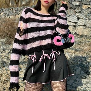 Damenpullover Deeptown Y2k Rosa gestreifter Pullover Frauen Goth Cropped Ripped Strickpullover Gothic Female Jumper Grunge Harajuku Streetwear 230809