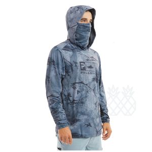 Utomhusskjortor Pelagisk fiske skjorta Summer Long Sleeve Upf 50 Snabbt torrt andningsbar huva Mask Fiskekläder Anti-UV Fiske Sweatshirt 230810