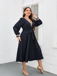 Plus Size Dresses Women Dress V Neck Long Sleeves Robe Waist Belt Solid Color Autumn Female Elegant Party Gown Clothing