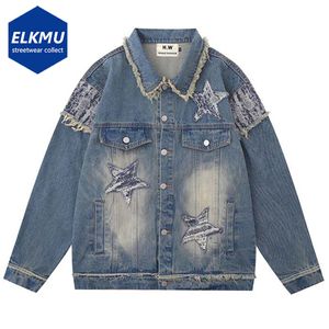 Męskie kurtki mężczyźni moda niebieska dżinsowa gwiazda splicing duży harajuku hip hop streetwear denim 230810