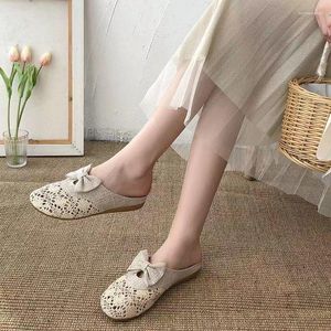 Sandały fhanchu 2023 Kobiety lniane kapcie Summer Beach Flats Buty blisko palca slajdy dzianiny z Bowtie Hollow Out Beige Black Dropship