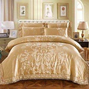 Lace Silver Golden Silk Satin Luxury Bedding Set King Size Queen Bed Set Duvet Cover Cotton BedSheet linens parure de lit adulte1278T