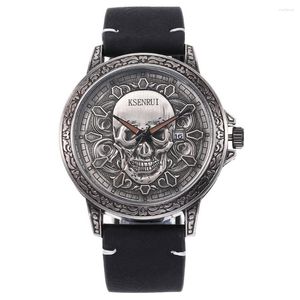 Wristwatches Cool Mens Watch Skull Face Design Fashion Steel Leather Strap Retro Quartz Men Male Clock Reloj Hombre Gifts Drop