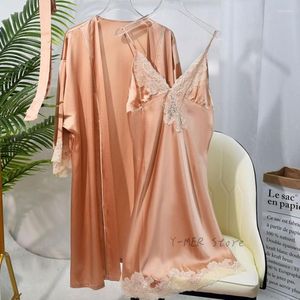 Roupa de dormir feminina Robe de seda real Roupa de dormir feminina sexy com cinta espaguete Camisola com acabamento em renda 2 unidades Quimono Roupão de banho Vestido de verão Lingerie