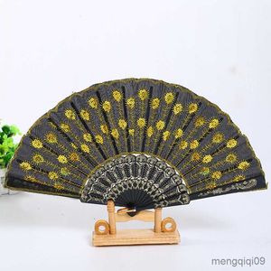 Kinesiska stilprodukter mode dans fan vintage stil fällbar bröllopsfest hand fan bling paljetter påfågel svans fällbar fans konst hantverk gåva heminredning r230810