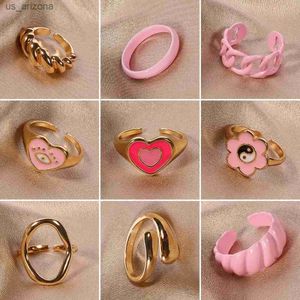 9pcs Gold Ring Set Women Fashion Trendy Wind Open Finger Ring Pink Color System Zinc Alloy Jewelry L230620