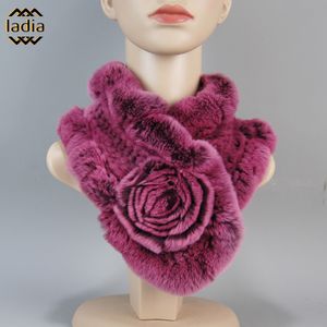 Scarves Winter Neck Scarves Woman Floral 100% Natural Real Rex Rabbit Fur Scarves Lady Knitted Real Fluffy Fur Mufflers Fashion Scarf 230810