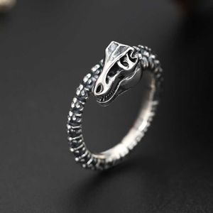 Band Rings S925 Sterling Silver Dinosaur Skeleton Open Ring Men Women Real Silver Creative Punk Personality Big Resizable Ring Jewelry