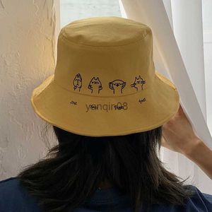 Wide Brim Hats Bucket Hats New Tide one two three four cute cat print bucket hat for Men and Women outdoor travel hat Sun Cap Panama flat top fisherman hat HKD230810