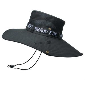 Cappelli larghi cappelli da secchio cappelli estivi per esterni per esterni cappelli panama grandi eaves protezione da sole cappelli da arrampicata da trekking lettere ricamo cappello da secchio boonie cappello unisex hkd230810