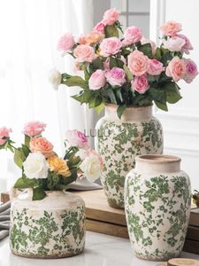 Ceramic retro vase Green Plant porcelain succulent pot Green flower ice crack do old style vase pot home room decoration Nordic HKD230810