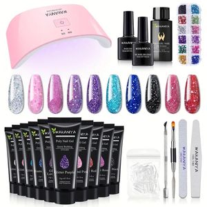 Gorgeous Nail Art at Home: 10 Glitter Colors Poly Gel Nail Kit with UV Lamp, Slip Solution, and Rhinestones - Perfect Christmas Gift for Beginners!