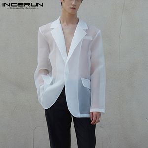 Męskie garnitury Blazers mody mężczyzn siatka blezery przezroczyste klapy długie rękaw seksowne zwykłe płaszcze One Button Streetwear Party Men Suit S-5xl Inderun 230810