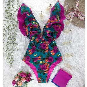 Kvinnors badkläder tryck plus storlek Kvinnor V-ringningsbälte monokini Sexig ruffle baddräkter Tryck upp String Beach Wear One Piece Baddräkt