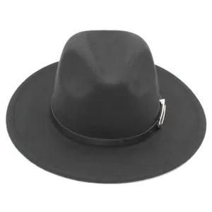 Klasyczna kobieca Finel Fedora Hat Wide Brim Panama Hat z czarnym klamrą paska (obwód głowy od 56 cm do 58 cm)