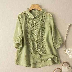 Seven Quarter Sleeves Embroidered Cotton Linen Shirt For Womens Art Vintage Design Top Spring And Summer