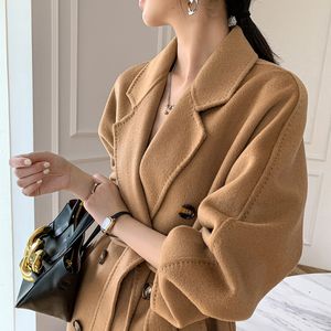 0C41N581 Autumn and Winter Women's Coat Double Sided Cashmere Coat Medium Long Double Breasted Wool