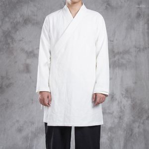 Etniska kläder 2023 Kinesisk stil förbättrad Hanfu -skjorta Men's Youth Tang Suit Retro Linne Jacket Lång sektion Slung Cardigan Robe