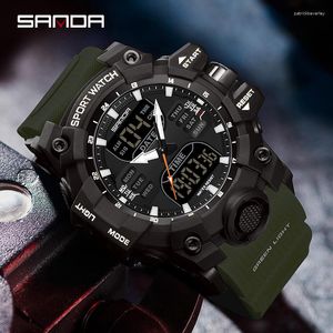 Нарученные часы Sanda Luxury Dual Diual Display Мужчины смотрят спортивные военные.