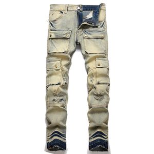 Multi-Pocket Stitching Skinny Pants For Men Retro Blue Ripped Holes Jeans Spring Autumn Mid-Waist Stretch Slim Hip Hop Biker Wear