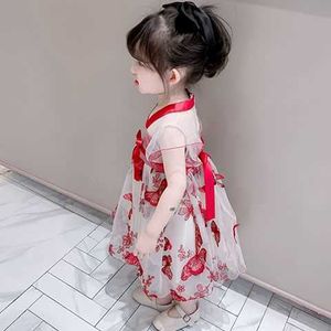 Flickans klänningar Girls 'Summer Dress 2023 New Baby Mesh Red Princess Dress broderad Hanfu Little Girl Mesh Fairy Treasure Dress