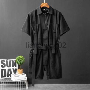 Men's Tracksuits Black Casual Workwear Jumpsuits Men Korean High Street Youth Loose Fitting Short Sleeved All-in-one Suit Safari Cargo Half Pants J230810