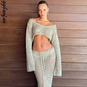 Grundlegende Freizeitkleider Ggbaofan Elegante gestrickte sexy aushöhlen Top und Rock Co Ords 2-teiliges Set Mode Outfits Urlaub Beachwear passende Sets 230809