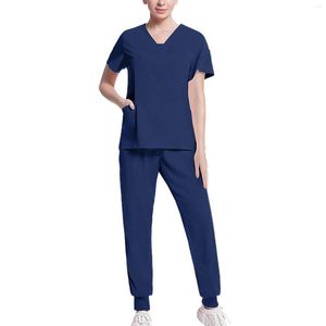 Dwuczęściowe spodnie damskie strój damski swobodny krótki rękaw V Nakień stały kolor pielęgniarki robocze top z kieszenią i długim zestawem