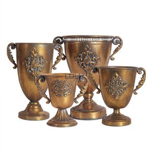 European/American Retro Trophy Type Tin Flower Pot Barrel Floor Vase Home Vase Table Decoration Living Room Gold with Handle HKD230823