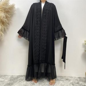 エスニック服イスラム教徒のアバヤ女性黒い花の刺繍メッシュガーゼルーズレースアップローブシンプルなドレスアバヤエレガント