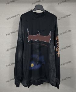 xinxinbuy men designer tee t shart 23ssパリが破壊されたネクタイ鉄タワーインクジェットグラフィティ半袖コットン女性ブラックxs-3xl