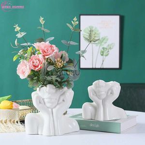 Nordisk keramisk mänsklig ansiktsblommor Vase Art Creatrive Sculpture Human Head Abstract Plant Flower Pot Home Decor Arrangement HKD230810