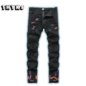 Мужские джинсы разорванные пэчворки в стиле панк прямой черный для мужского хлопчатобумажного растяжения Y2K.
