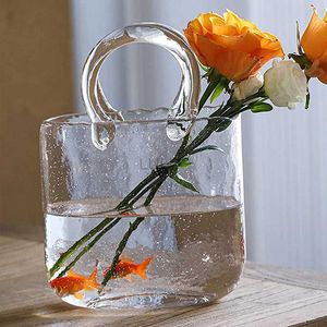 Flower Vase Fish Tank Handväska Form Transparent Glass Hydroponic Plants Container för hemmakontor Dekor HKD230810