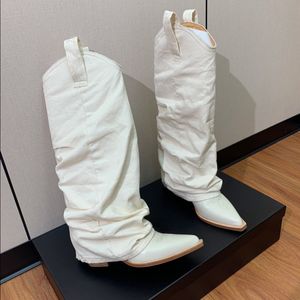 2023 Luksusowe designerskie kobiety Chunky Cowboy Winter Boots Masna skórzana dżinsowa rękaw dżinsowe buty średniej długości plisowaną nogę wysoko nad kolanem kowboja r 13 rozmiar rozmiar 35-41