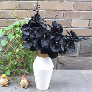 Fiori decorativi Steli di orchidee artificiali nere Simulazione di seta Piante Rami di fiori di phalaenopsis Decorazioni per la casa di nozze Vaso finto