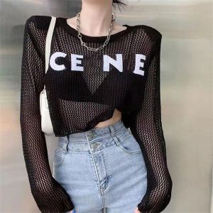 2023letter-printed Hollowed-out T-shirt for Women's Summer New Design Sense Small Crowd Loose Short Long-sleeved Sunscreen Shirt Top