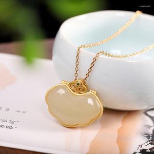 Pendants Natural Hetian White Jade Simple Auspicious Clouds Ruyi Necklace Ancient Gold Craft Can Open Chinese Style Jewelry