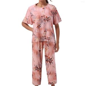 Zweiteilige Damen-Hosen, 2-teiliges Set, Frühling und Sommer, lockere lässige Kurzarm-Oberteile, große Baumwolle, Blumendruck, Hosen, Anzug, Pyjama