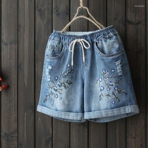 Shorts Feminino 2023 Feminino Verão Solto Plus Size Vintage Hole Feminino Floral Bordado Algodão Denim Literatura Lady Streetwear