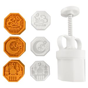 ベーキングカビの厚さ調整可能な月ケーキ型50g Eid Mubarak Cookie Stamps Set Hand Press Cutter Green Bean Pastry Mold Midaumn 230809