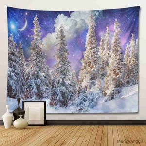 Gobelin śnieżny las zimowy gobelin estetyczny świąteczny ozdobny gwiaździste niebo drzewo krajobrazowe duże tkaninę Tabel Wiszące dekoracje R230810