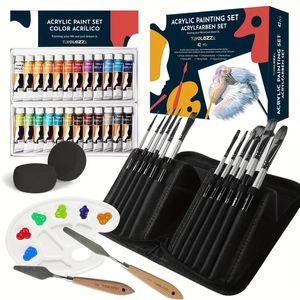 42pcs TAVOLOZZA Acrylic Painting Set - 24 Colors, 12 Brushes, 2 Palette Knives, Sponge Balls, Mixing Palette - Perfect for Students & Beginners!