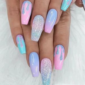 False Nails 24Pcs Long Ballet Colorful Gradient Glitter Press On Wearable Coffin Fake Manicure Full Nail Tips