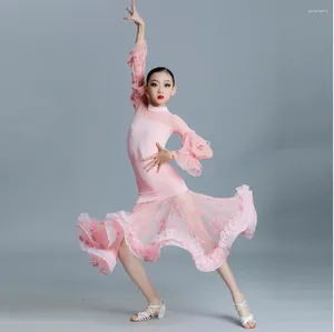 Scene Wear Pink Ballroom Dance Dress for Girls Tango Dancing Competition Costume Bodysuit Mesh Stitching kjoldräkt Waltz Dancewear