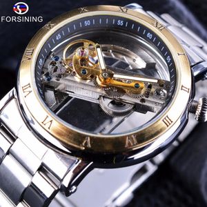 Forsining Minimalist Design Transparent Case Wristwatches Roman Number Mens Brand Luxury Automatic Skeleton Steampunk Watches SLZe2537