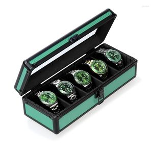 Watch Boxes Aluminum Box Storage Case Green 5 Slots Organizer Wrist Watches Transparent Skylight Display Collection Gift